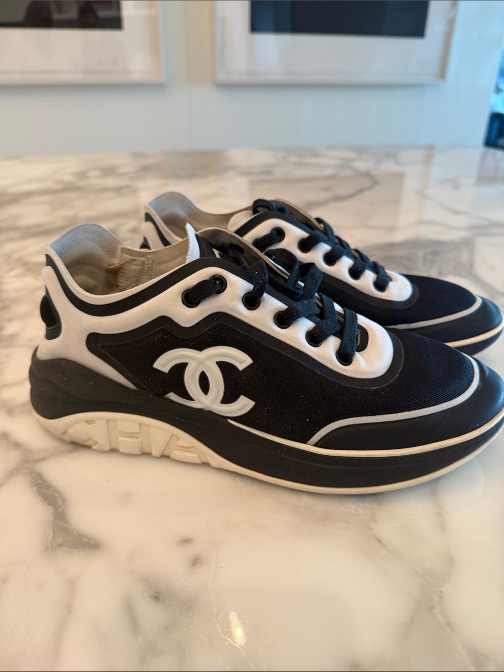 CHANEL mesh and Lycra low topBlack and White Logo Sneakers
